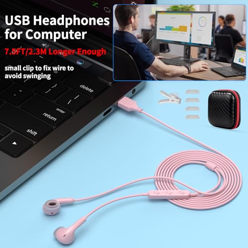 USB Earbuds for PC,Headphones with Microphone for Computer,Pink - color: Pink