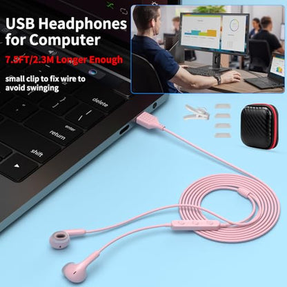USB Earbuds for PC,Headphones with Microphone for Computer,Pink - color: Pink