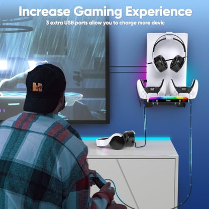 Wall Mount Kit for PS5 Pro/Slim/Original with Charging Station | Charger with RGB Light, Headset Holder & USB Hub for PlayStation 5 Pro/Slim/Original