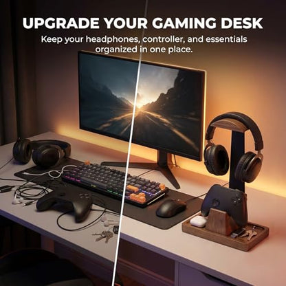 Headphone Stand with Gaming Controller Holder, Solid Walnut Wood Headset Holder Non-Slip Storage Tray Base Gaming Desk Accessories for Room Decor Gift For Gamers