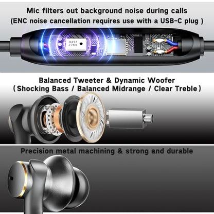 Premium Wired Ear bud with Speech Noise Reduction-Rich Deep Bass Earphones | Dual-Driver In-Ear Calls Noise Cancellation Earbuds USB C & 3.5mm Plug,Noise-Isolating Hi-Fi Headphone Wired Volume Control