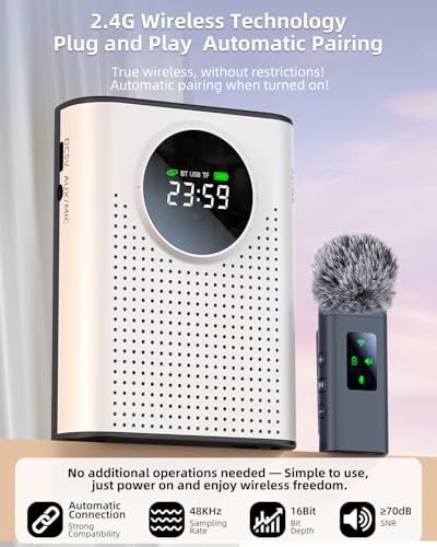 S67 Voice Amplifier Wireless Microphone for Teachers Classroom Rechargeable, Mini Lavalier Lapel Mic, Portable Speaker PA System with LED Display for Class, Tour Guide, Coaches, White - color: White 1 Mic
