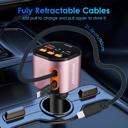 Retractable Car Charger,5 in 1 Fast Car Phone Charger 90W,Bluetooth 5.3 FM Transmitter Adapter,Handsfree Call,2 Retractable Cables and USB Cars Chargers for iPhone 17/16/15/14/13/Galaxy/Pixel - color: Pink