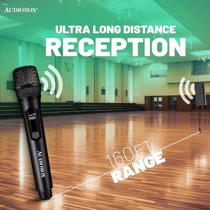 Audiobox UHF Wireless Microphone, Rechargeable Karaoke Mic, Black (2 Pack) | 160ft Wireless Range, Low-Latency Audio, Metal Housing, USB-C Charging, LED Indicator, PA & Mixer Compatible