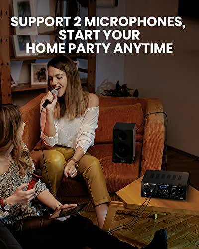 Moukey Stereo Receivers with Bluetooth 5.0, 2.0 Channel Power Audio Amplifier Stereo System w/USB, SD, AUX, RCA, MIC in w/Echo, LED for Karaoke, Home Theater Speakers, 400W Peak, 25W× 2 RMS- MAMP1 - size: 400W Peak, 25W× 2 RMS
