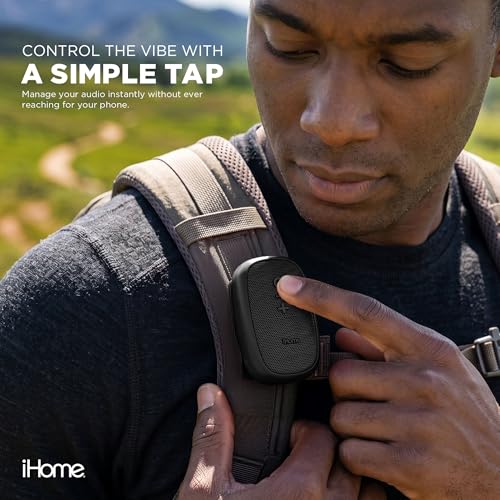 iHome Nano Clip-On Wireless Bluetooth Speaker with Magnetic Clip | Bluetooth 5.3, IPX6 Water-Resistant, Touch Controls, 5W, 2.5-hr Playtime, Charging Cable Included, Rechargeable Battery - color: Black