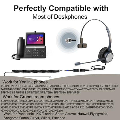 One Ear Wired Headphone for Deskphones, Telephone Headset with QD-RJ9 Jack & Noise Cancelling Microphone for Office Call Center, Works for Grandstream,Snom,Yealink,Fanvil,Cisco IP Phones and More