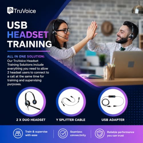 TruVoice Computer Dual Headset Bundle for Office Training | Monitoring | Supervising : Includes 2 x HD550 Headset with NC Microphone, Training Y Splitter + USB Cable Compatible with PC and Softphones
