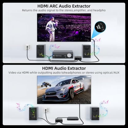 HDMI ARC Audio Extractor, 4K@60Hz HDMI ARC Adapter to Optical/SPDIF/3.5mm AUX Audio Adapter Converter Splitter Support LPCM 5.1/DTS/DSD for Laptop/TV Box/DVD/PS5/Soundbar/Speaker/Amplifier