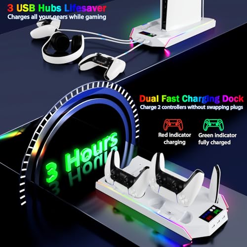 PS5 Stand and Cooling Station with LED Controller Charging Station for PlayStation 5/Slim/Pro Console,Accessories Incl.Controller Charger,PS5 Cooling Fan,Headset Holder,3 USB Hubs - color: RGB-White