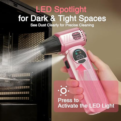 B50 Compressed Air Duster & Vacuum Cleaner, 0.6 lb Lightweight Powerful Mini Blower, Smart Display & Variable Speed, Rechargeable Air Duster for Keyboard, PC, Computer,Vanity, Desk, Car & Home – Pink - color: Pink