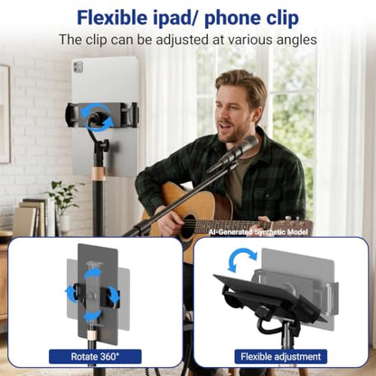 Boom Mic Stand Floor for Singing, Podcast, Studio, Live Streaming | Include Tray and Tablet Hoder, 2.9LBS Round Base, Adjutable Height 16"–63", Compatible with Yeti, SM58, QuadCast, K669B, Q2U