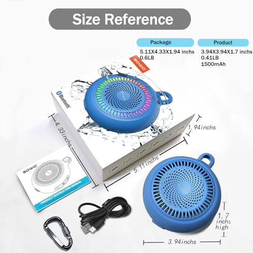 SOWO Shower Bluetooth Speaker Waterproof - Small Portable Wireless Clip Speaker with Louder Volume and Powerful Bass - Colorful Lights and 10H Playtime - Lightweight for Camping,Kayak,Boat - Blue | Louder Volume and Powerful Bass | Colorful Lights and 10H