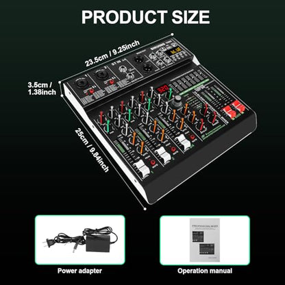 4 channel professional portable mixer, 320 DSP effects + 48V phantom power, Bluetooth sound card + 7-Band Eq Output, for PC recording, karaoke studio effects, and streaming playback