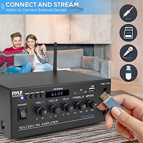 Pyle Compact Mini Home Power Amplifier - 40W Smart Small Audio Stereo Receiver w/AUX, 2 Microphone in, COM/8-Ohm/25V/70V Speakers, LED, Input Selector, for PA, Amplified Speaker Sound System PCM20A.5 | COM/8-Ohm/25V/70V Connect, LED Display - PCM20A.5 - s