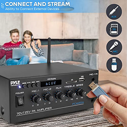 Pyle Compact Mini Home Power Amplifier - 40W Smart Small Audio Stereo Receiver w/AUX, 2 Microphone in, COM/8-Ohm/25V/70V Speakers, LED, Input Selector, for PA, Amplified Speaker Sound System PCM20A.5 | COM/8-Ohm/25V/70V Connect, LED Display - PCM20A.5 - s