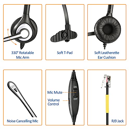 Wantek Phone Headset with Microphone Noise Cancelling, RJ9 Office Telephone Headsets Compatible with Yealink T20P T21P T26P T23G T46G T48G T42S T46S Avaya 1608 9608 9611 Grandstream Panasonic Snom - color: Grey