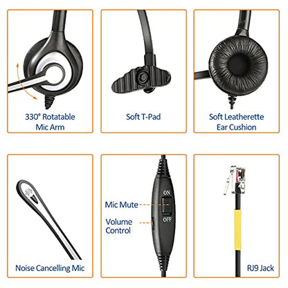 Wantek Phone Headset with Microphone Noise Cancelling, RJ9 Office Telephone Headsets Compatible with Yealink T20P T21P T26P T23G T46G T48G T42S T46S Avaya 1608 9608 9611 Grandstream Panasonic Snom - color: Grey
