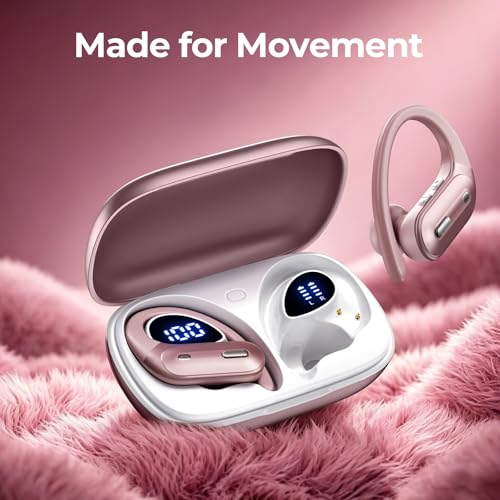90H Playtime Wireless Earbuds Bluetooth 5.3, Over-Ear Sports Headphones with Secure Earhooks, Wireless Charging Case, LED Power Display, Waterproof Stereo Headset for Workout, Running