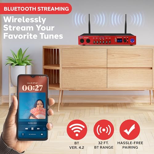 Pyle UHF Wireless Microphone System, Bluetooth, Handheld Mics, Receiver Base, Selectable Frequency, Karaoke, Professional Use, Battery Operated, 165 ft Range, Echo Control, Includes Cables - color: Red