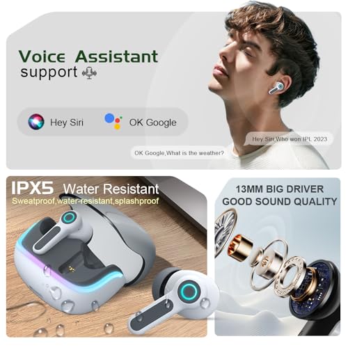 G07 Wireless Earbuds with RGB LED Light Gaming Earbuds with 40ms Low Latency Dual Game and Music Mode Earphones Wireless Headphones with 50 Hours Worktime IPX5 Waterproof (White Gray) - color: white gray