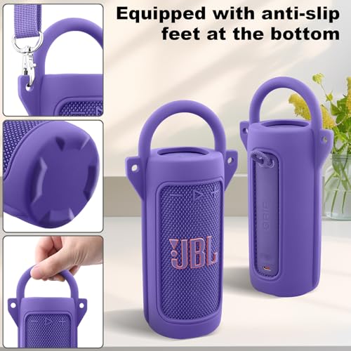 for JBL Grip Portable Waterproof Speaker Silicone Case, Purple | Portable Travel Soft Cover with Adjustable Shoulder Strap and Carabiner, Protective Skin Case, Anti-Slip Feet - color: Purple Case