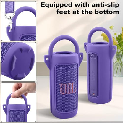 for JBL Grip Portable Waterproof Speaker Silicone Case, Purple | Portable Travel Soft Cover with Adjustable Shoulder Strap and Carabiner, Protective Skin Case, Anti-Slip Feet - color: Purple Case