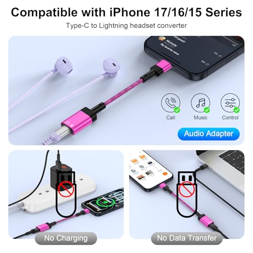 USB C to Lightning Headphone Audio Adapter [Apple MFi Certified] for iPhone 17e,17,Air,17 Pro,17 Pro Max,16e 16 15 Pro Max Plus, USB C Male to Lightning Female Earbuds Audio Adapter Dongle (NO CHARGE) - color: Rose