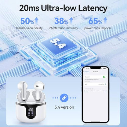 Wireless Earbuds, Bluetooth 5.4 Headphones HiFi Stereo with 4 HD Mic, 50H Playtime Bluetooth Earbuds with Dual LED Display, IPX7 Waterproof Wireless Earphones, Touch Control Ear Buds,USB-C,White - color: White