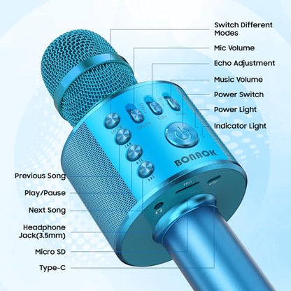 BONAOK Wireless Bluetooth Karaoke Microphone,3-in-1 Portable Handheld Karaoke Mic Speaker Machine Birthday Home Party for PC or All Smartphone (Q37 Blue) - color: Blue