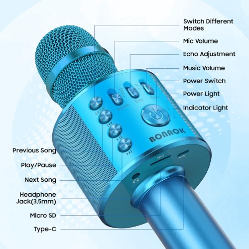 BONAOK Wireless Bluetooth Karaoke Microphone,3-in-1 Portable Handheld Karaoke Mic Speaker Machine Birthday Home Party for PC or All Smartphone (Q37 Blue) | Bluetooth 5.0, 8H Playtime, Echo Mode,Built-in Speaker, SD Card, for iPhone iPad, Handheld,Home Kar