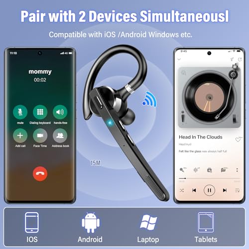 Bluetooth Headset, 90Hrs Single-Ear Headset with APTX HD Audio & Mute Button, 2026 Wireless Bluetooth 5.3 Earpiece, Dual Noise Cancelling Mics, Hands Free Headphone for Trucker, Business, Gym, Grey