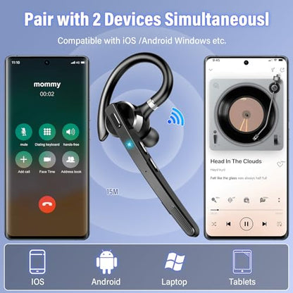 Bluetooth Headset, 90Hrs Single-Ear Headset with APTX HD Audio & Mute Button, 2026 Wireless Bluetooth 5.3 Earpiece, Dual Noise Cancelling Mics, Hands Free Headphone for Trucker, Business, Gym, Grey