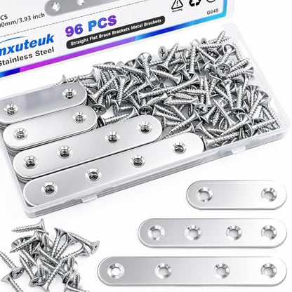 mxuteuk 96PCS Stainless Steel Straight Flat Brackets,Metal Bracket,Mending Plate,Metal Brackets for Wood (50mm/80mm/100mm) - color: Silver-50/80/100mm