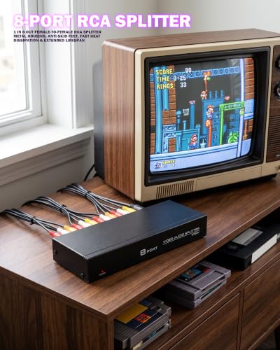 8 Way 3 RCA Switch, Powered 1 in 8 Out AV Switcher, Composite Video Audio Distribution, AV Switch, Audio Splitter Duplicator with Power Adapter