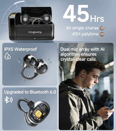 King Lucky Open-Ear Clip-On Earbuds for Running, Bluetooth 6.0 Wireless Headphones with Memory Spring, Secure Fit for Small Ears & Glasses Wearers, 45H Playtime, ENC Mic, IPX5 Waterproof (Black) - color: Black