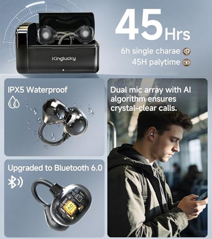 King Lucky Open-Ear Clip-On Earbuds for Running, Bluetooth 6.0 Wireless Headphones with Memory Spring, Secure Fit for Small Ears & Glasses Wearers, 45H Playtime, ENC Mic, IPX5 Waterproof (Black) - color: Black