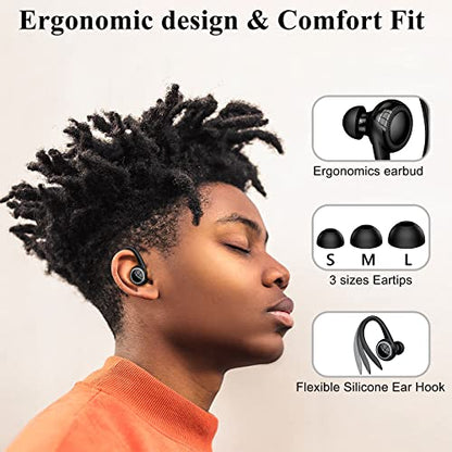 Bluetooth 5.2 Headset, Single Ear Earpiece Earphone with Mic, Hook, Noise Cancelling Headset for Business, Trucker, Driver, Wireless Bone Conduction Headphone with Ear Caps (S/M/L) for iPhone Android