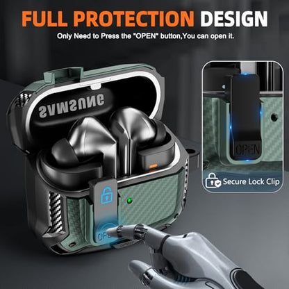 Safety Lock Case for Samsung Galaxy Buds3 FE/Pro/3 (Green) | Compatible with MagSafe, Carbon fibre texture Design,with Phone Stand& Cleaning kit,Keychain, - color: A-b-Grenn