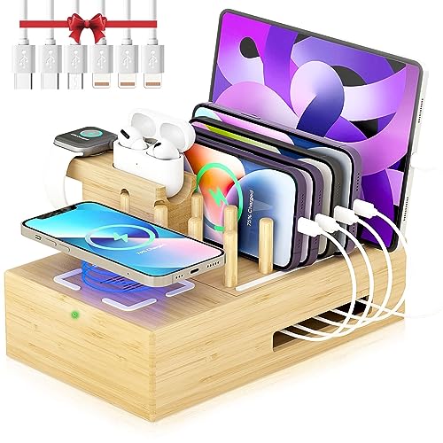 Bamboo Wireless Charging Station for Multiple Devices - Wood Docking Station Organizer, Qi Certified Fast Wireless Charger, 7 USB Charging Ports for Cellphone, Smart Watch, Earbuds, Tablet | Qi Certified Fast Wireless Charger, 7 USB Charging Ports for Pho