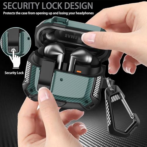 Compatible with Samsung Galaxy Buds 3 Pro Case/Bud3 Cover Lock Clip with Phone Stand for Men, Military Shell Galaxy Buds Pro 3/ Bud 3 Protective Armor Skin with with Cleaner Kit & Carabiner - color: ABlack/Green