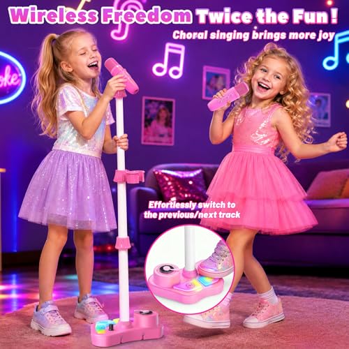 Kids Rechargeable Karaoke Machine Toys with Adjustable Stand, 3-5 4-6 7 8 Year Old GirlsWireless Microphone Gifts, Bluetooth Speaker with 2 Mic Toddler Birthday Gift for Girl Ages 3-8 - color: Pink