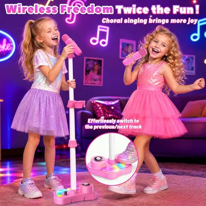 Kids Rechargeable Karaoke Machine Toys with Adjustable Stand, 3-5 4-6 7 8 Year Old GirlsWireless Microphone Gifts, Bluetooth Speaker with 2 Mic Toddler Birthday Gift for Girl Ages 3-8 - color: Pink
