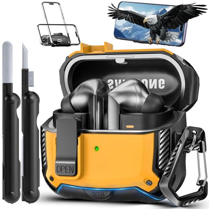 Safety Lock Case for Samsung Galaxy Buds3 FE/3/3 Pro (Yellow) | with Phone Stand,with Secure Lock Clip & Cleaning kit Full Body Shockproof Carbon Fiber Protection Design - color: D-yellow
