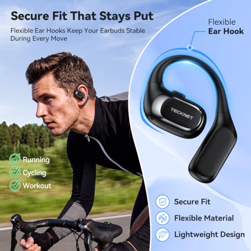TECKNET Open Ear Headphones, Bluetooth Headphones 6.0 Sports with Smart Digital Display, 40H Playtime, IPX5 Waterproof, Wireless Earbuds Lightweight Design for Travel/Cycling/Running (Black) - color: Black
