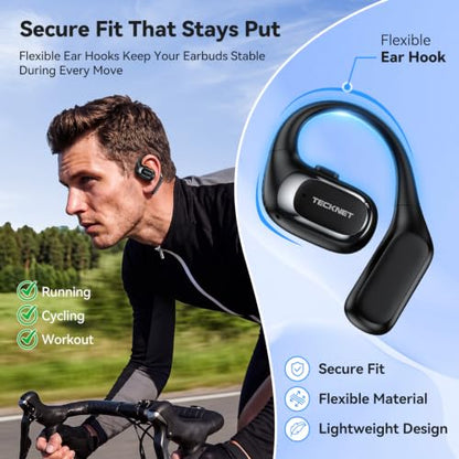 TECKNET Open Ear Headphones, Bluetooth Headphones 6.0 Sports with Smart Digital Display, 40H Playtime, IPX5 Waterproof, Wireless Earbuds Lightweight Design for Travel/Cycling/Running (Black) - color: Black