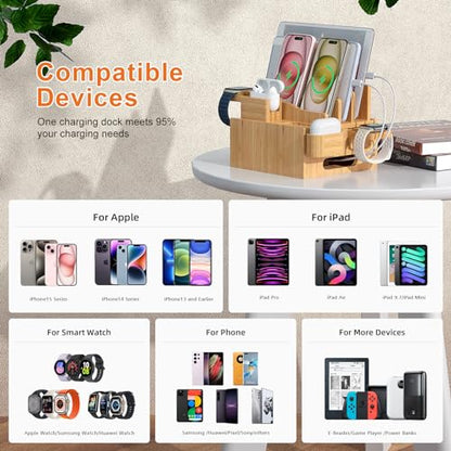 Pezin & Hulin Multiple USB Charging Station Including Charger HUB, 5 Cables | Wooden Bamboo Dock Station for Cell Phones, Tablets, Earpods and Smart Watch -Natural Bamboo