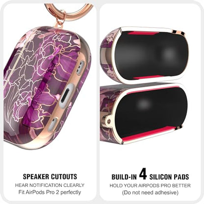 wenew case for Airpods Pro 2 Case, Flower Airpod Pro Slim Hard Case Cover with Carabiner for Women Girls (Golden Purple) - color: Golden Purple