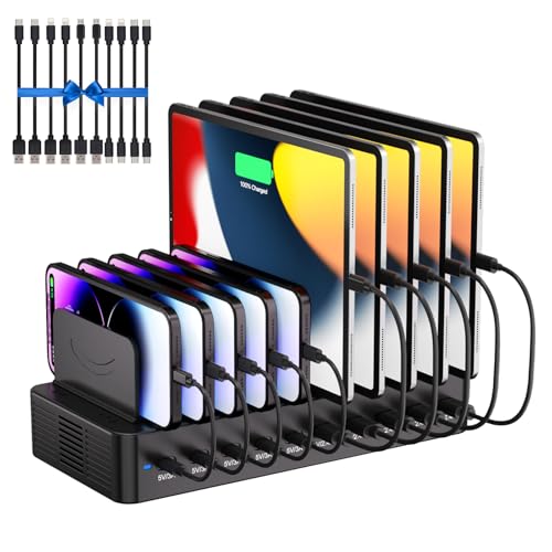 100W Charging Station for Multiple Devices, 10-Port USB Fast Charger, Black | with Adjustable Dividers & 10 Cables- Multi Device Organizer Charging Dock for iPhone, iPad, Tablets & More - color: Black