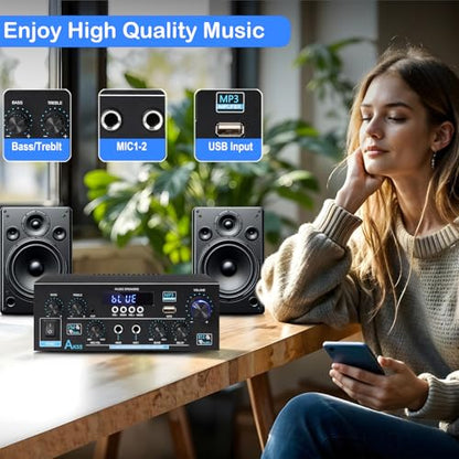 AK55 Stereo Amplifier Home Audio, Bluetooth 5.0 Max 600W Power Stereo Receivers 2.0 Channel Audio Amplifier for Speaker W/Remote Control/AUX/RCA/Echo/USB/2 MIC in for Home Party, Karaoke - size: AK55